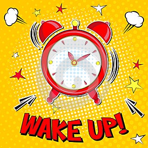 Wake up!! Lettering cartoon vector illustration with alarm clock on yellow halfone background photo